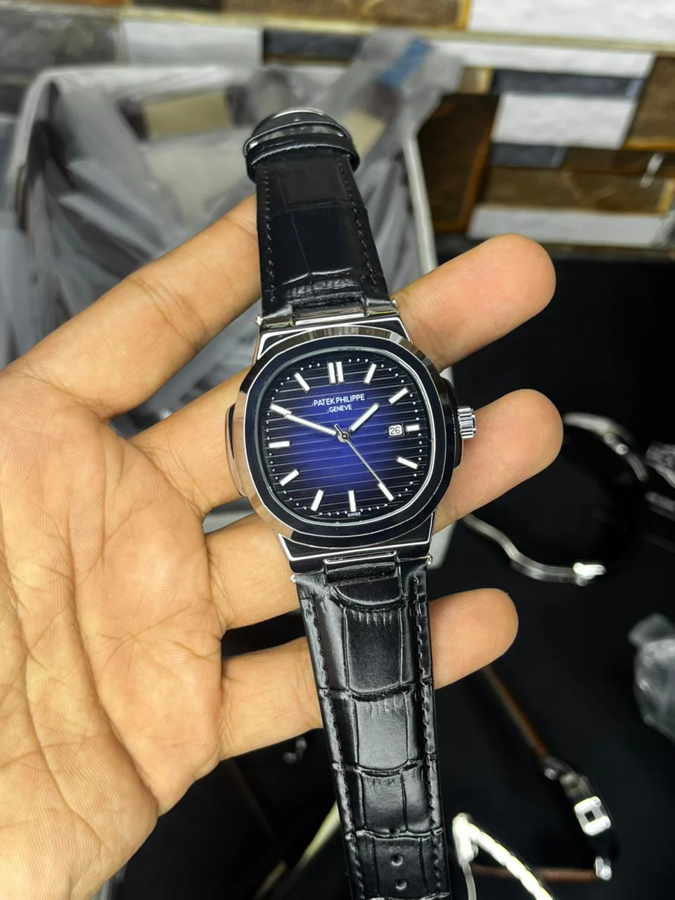 Patek Nautilus Leather Strap Master Lock - Black Blue - Image 3