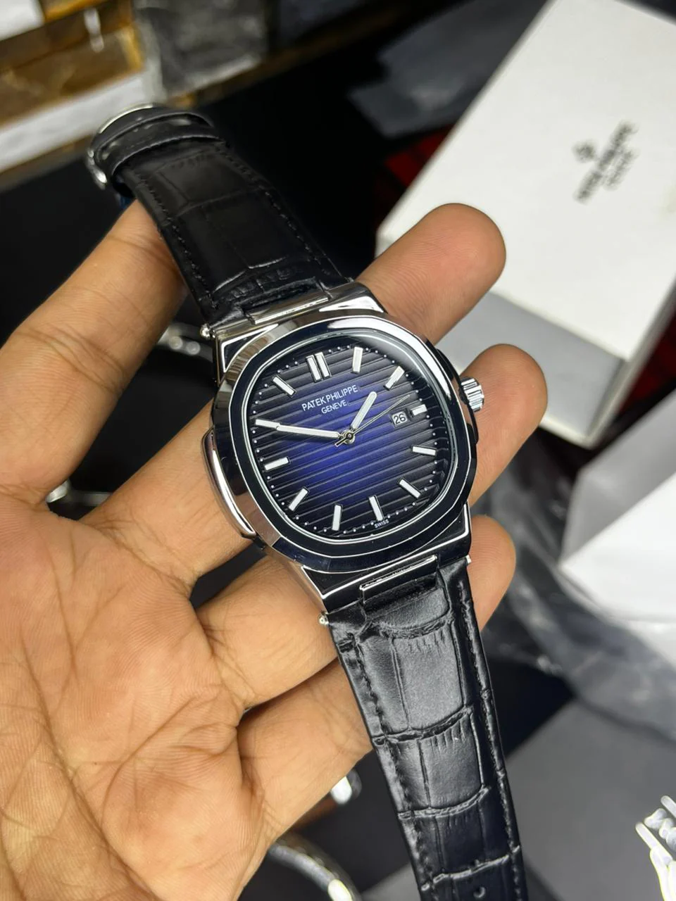 Patek Nautilus Leather Strap Master Lock - Black Blue - Image 7