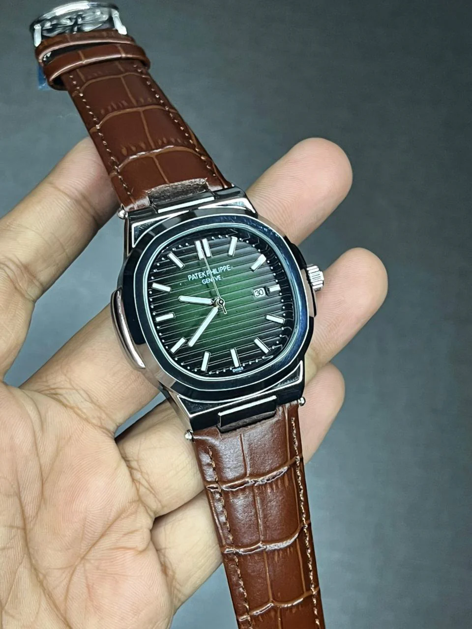 Patek Nautilus Leather Strap Master Lock - Brown-Green - Image 3