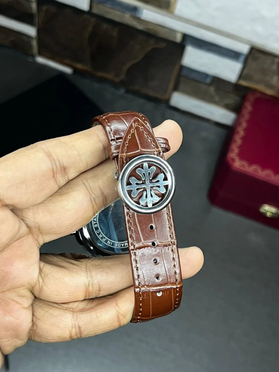 Patek Nautilus Leather Strap Master Lock - Brown-White - Image 4