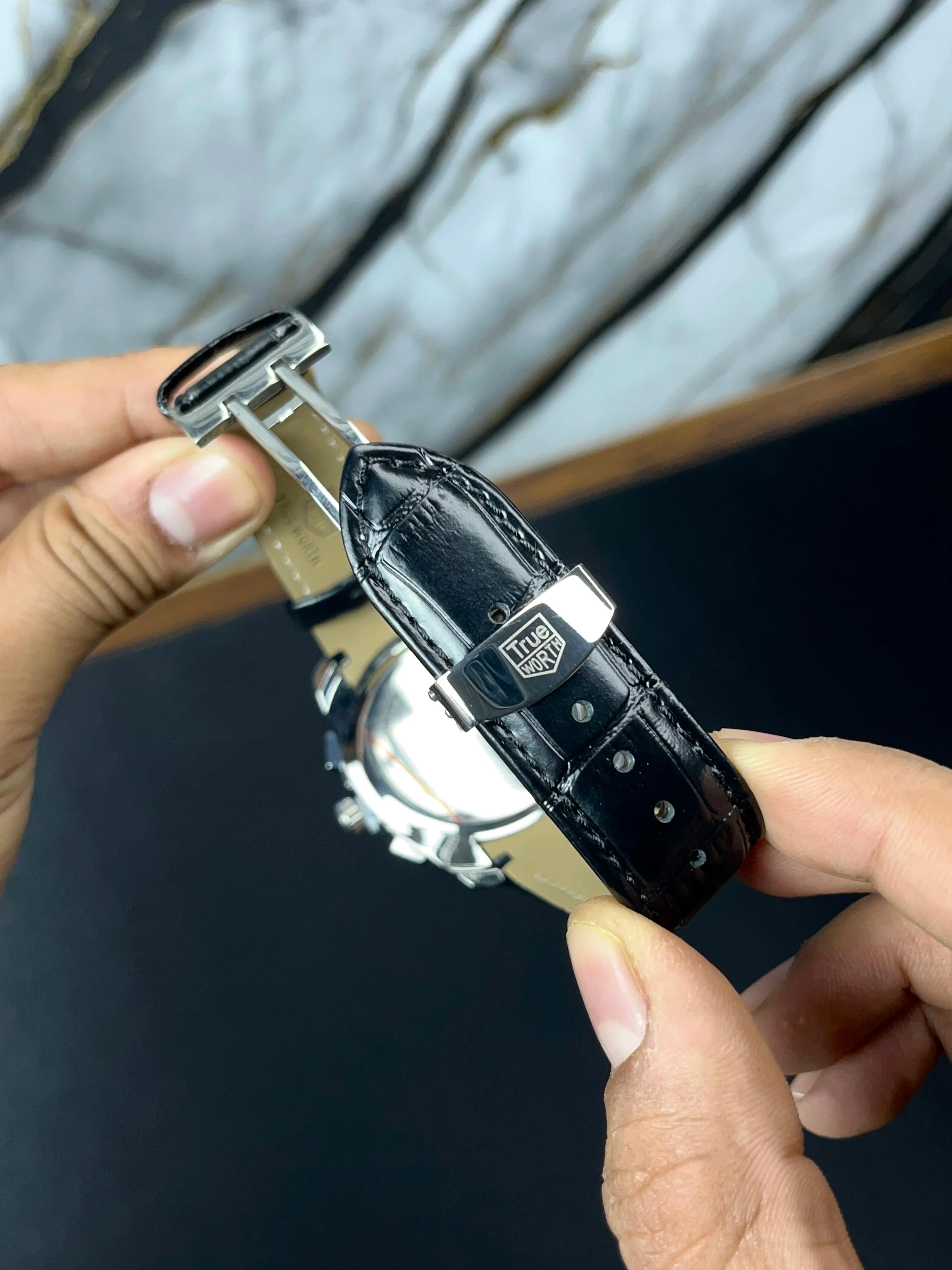 True Worth Original Chronograph Leather Strap Watch - Full Black - Image 4
